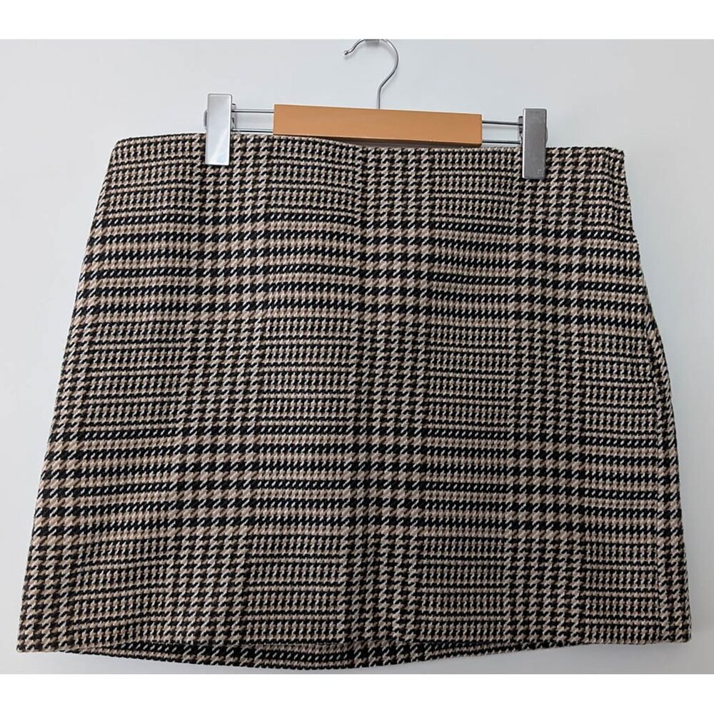 Black White Brown Houndstooth Wool Blend Mini Skirt